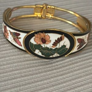 Vintage White Cloisonne with Red Flowers and Vibrant Butterflies Bracelet